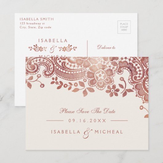 Roos goudelegante lace bruiloft met uitzondering v aankondigingskaart (Voorkant / Achterkant)