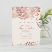 Roos goudelegante lace bruiloft met uitzondering v save the date (Staand voorkant)