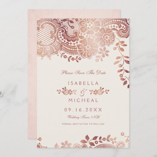Roos goudelegante lace bruiloft met uitzondering v save the date (Voorkant / Achterkant)