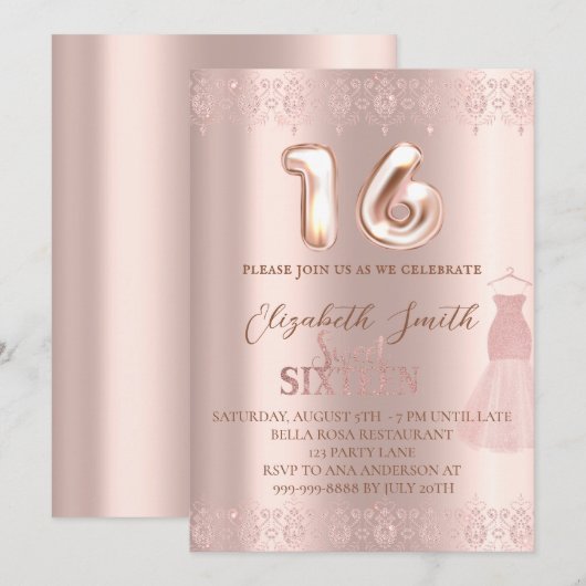 Roos goudelegantie, zoete zestien uitnodiging (Voorkant / Achterkant)