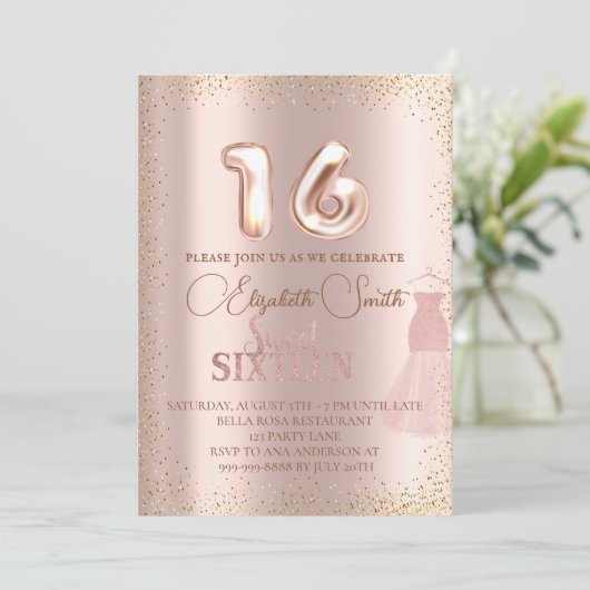 Roos goudelegantie, zoete zestien uitnodiging (Staand voorkant)