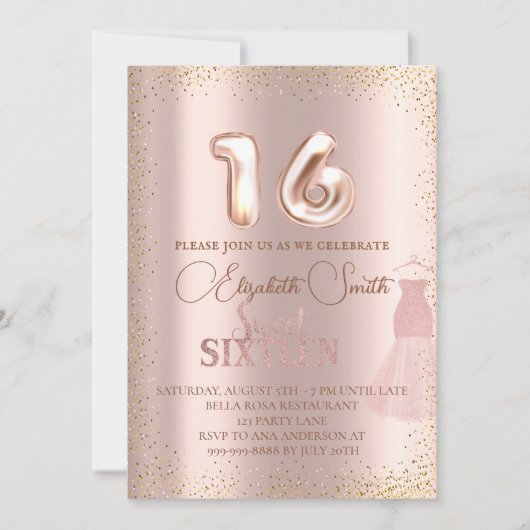 Roos goudelegantie, zoete zestien uitnodiging (Voorkant)