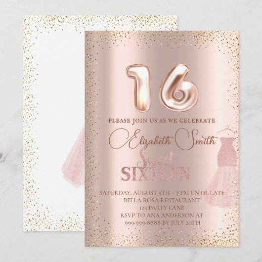 Roos goudelegantie, zoete zestien uitnodiging (Voorkant / Achterkant)