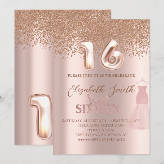 Roos goudelegantie, zoete zestien uitnodiging (Voorkant / Achterkant)