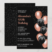 Roos gouden 100e verjaardagsuitnodiging Balloon Bl Kaart (Voorkant / Achterkant)