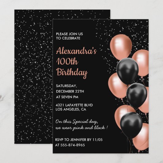 Roos gouden 100e verjaardagsuitnodiging Balloon Bl Kaart (Voorkant / Achterkant)