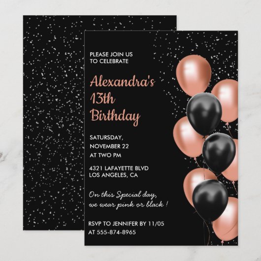 Roos gouden 13e verjaardagsuitnodiging Balloon Bla Kaart (Voorkant / Achterkant)
