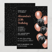 Roos gouden 20e verjaardagsuitnodiging Balloon Bla Kaart (Voorkant / Achterkant)