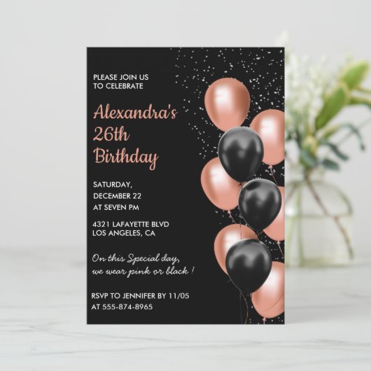 Roos gouden 26e verjaardagsuitnodiging Balloon Bla Kaart (Staand voorkant)