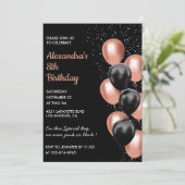 Roos gouden 8e verjaardagsuitnodiging Balloon Blac Kaart (Staand voorkant)
