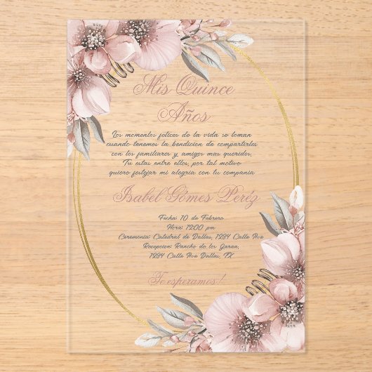 Roos gouden acryl Quinceanera uitnodiging (Voorkant)