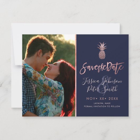 Roos Gouden Ananas + DIY Achtergrond Navy Blauw Save The Date (Voorkant)
