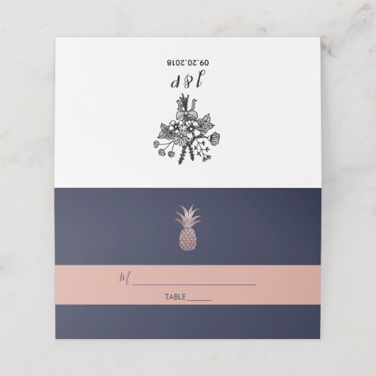 Roos Gouden Ananas DIY Navy Blauw Plaatskaartje (Buitenkant ongevouwen)