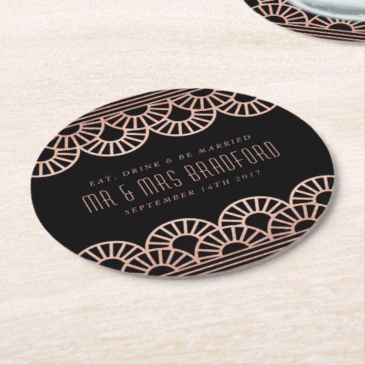 Roos Gouden Art Deco Fan Bruiloft Onderzetters (Gebogen)