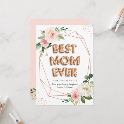 Roos Gouden Ballon Bloemen Beste Mama Ooit Moederd Kaart (Voorkant / Achterkant in situ)