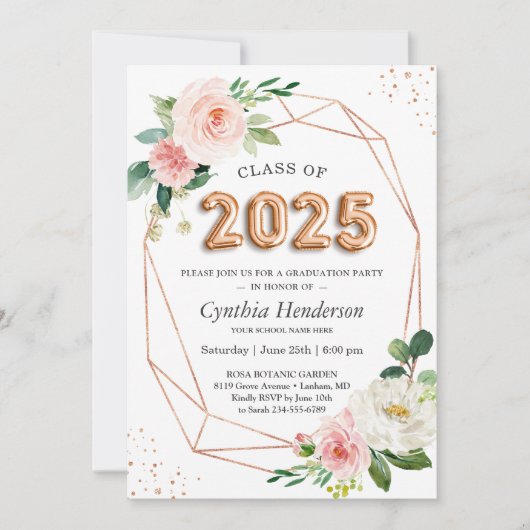 Roos Gouden Ballon Font Klasse van 2025 Afstuderen Kaart (Voorkant)