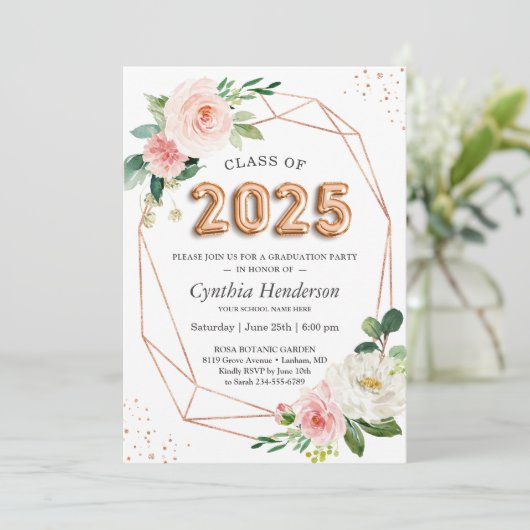 Roos Gouden Ballon Font Klasse van 2025 Afstuderen Kaart (Staand voorkant)