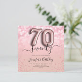 Roos gouden ballon glitter 70e verjaardag uitnodig kaart (Staand voorkant)