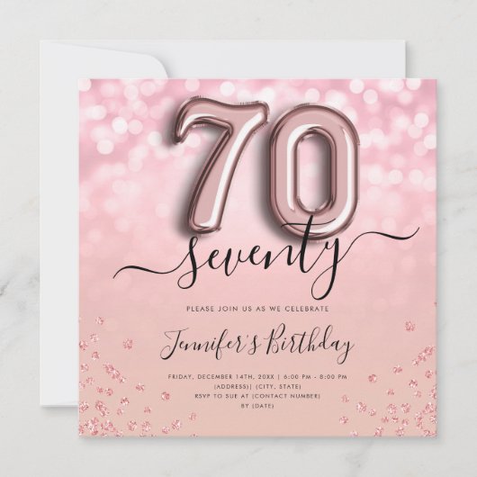 Roos gouden ballon glitter 70e verjaardag uitnodig kaart (Voorkant)