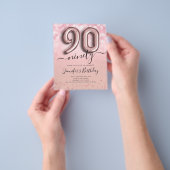 Roos Gouden Ballon Glitter 90ste Verjaardag Uitnod Flyer (Hand)