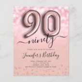 Roos Gouden Ballon Glitter 90ste Verjaardag Uitnod Flyer (Voorkant)