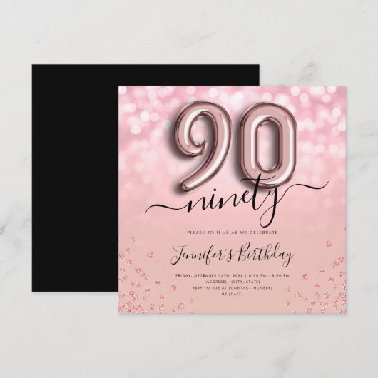 Roos Gouden Ballon Glitter 90ste Verjaardag Uitnod Kaart (Voorkant / Achterkant)