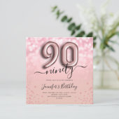 Roos Gouden Ballon Glitter 90ste Verjaardag Uitnod Kaart (Staand voorkant)