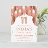 Roos gouden ballonnen 11e verjaardag kaart (Staand voorkant)