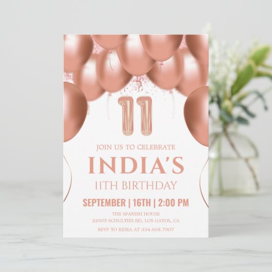 Roos gouden ballonnen 11e verjaardag kaart (Staand voorkant)