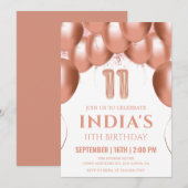 Roos gouden ballonnen 11e verjaardag kaart (Voorkant / Achterkant)