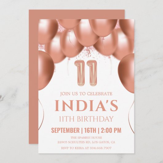 Roos gouden ballonnen 11e verjaardag kaart (Voorkant / Achterkant)