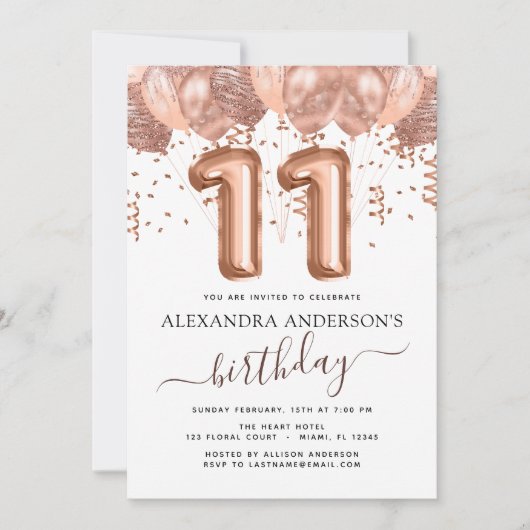 Roos gouden ballonnen 11e verjaardagsfeestje Confe Kaart (Voorkant)