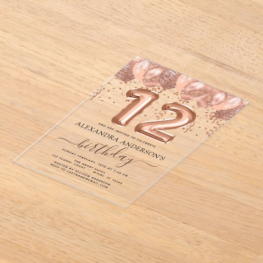 Roos gouden ballonnen 12e verjaardagsfeestje Confe Acryl Uitnodigingen (Laagn)