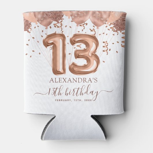 Roos gouden ballonnen 13e verjaardagsfeestje blikjeskoeler (Voorkant)