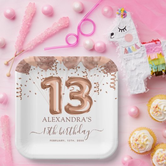 Roos gouden ballonnen 13e verjaardagsfeestje papieren bordje (Feest)