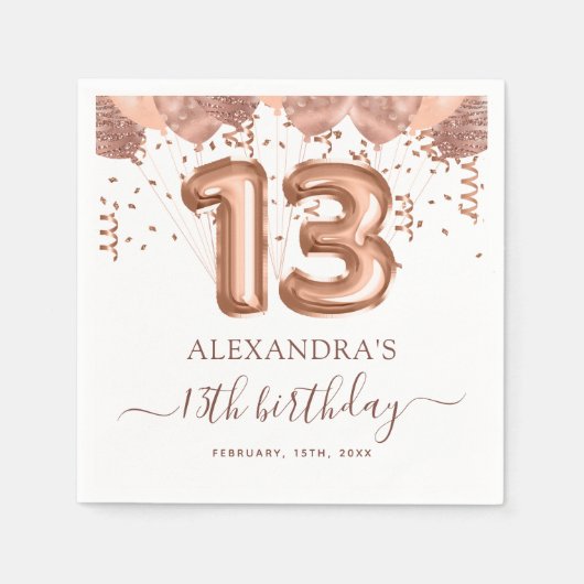 Roos gouden ballonnen 13e verjaardagsfeestje servet (Voorkant)