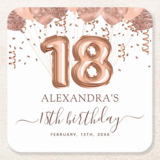 Roos gouden ballonnen 18e verjaardagsfeestje kartonnen onderzetters (Voorkant)