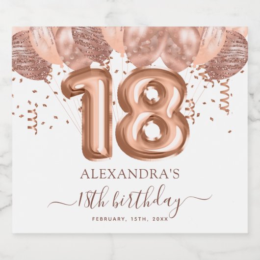 Roos gouden ballonnen 18e verjaardagsfeestje sparkling wijnetiket (Enkel label)