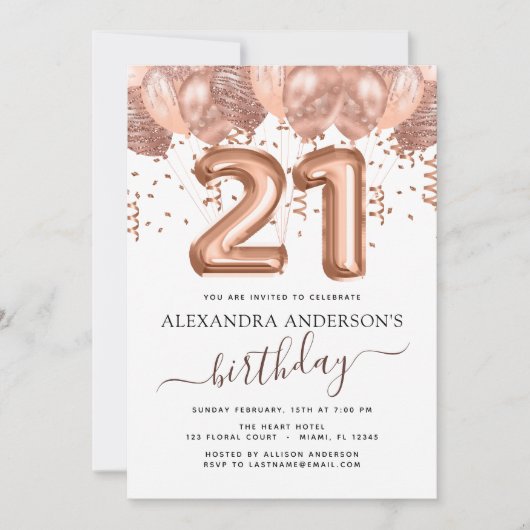 Roos gouden ballonnen 21e verjaardagsfeestje Confe Kaart (Voorkant)