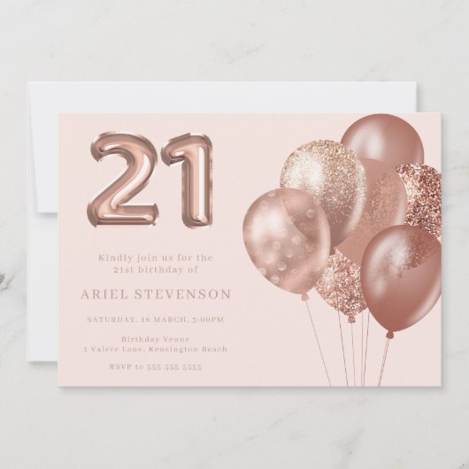 Roos gouden ballonnen 21e verjaardagsfeestje kaart (Voorkant)