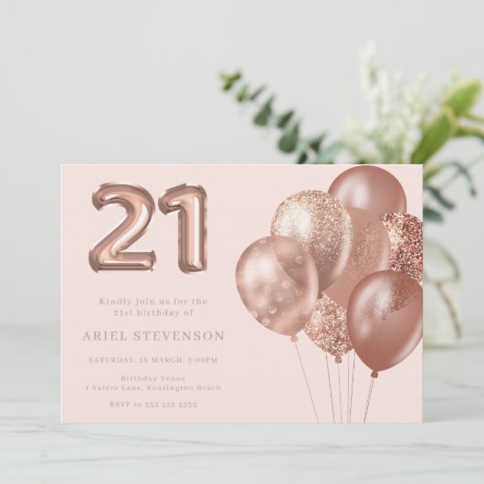 Roos gouden ballonnen 21e verjaardagsfeestje kaart (Staand voorkant)