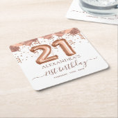 Roos gouden ballonnen 21e verjaardagsfeestje kartonnen onderzetters (Schuin)