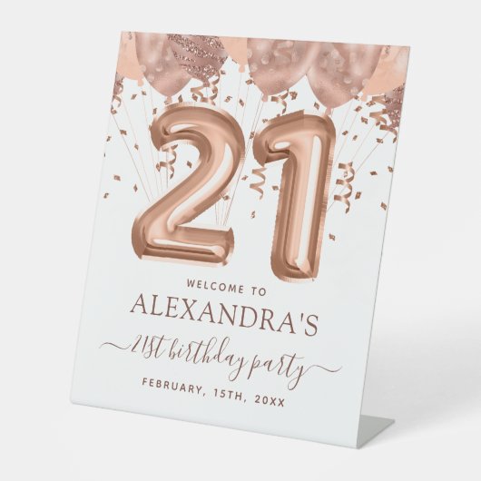 Roos gouden ballonnen 21e verjaardagsfeestje reclamebord met voetstuk (Voorkant)