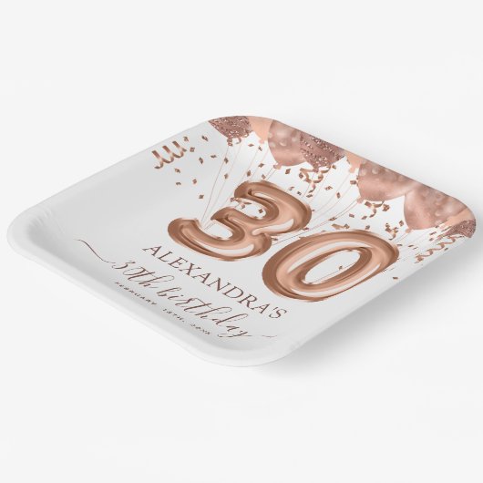 Roos gouden ballonnen 30e verjaardagsfeestje papieren bordje (Gebogen)