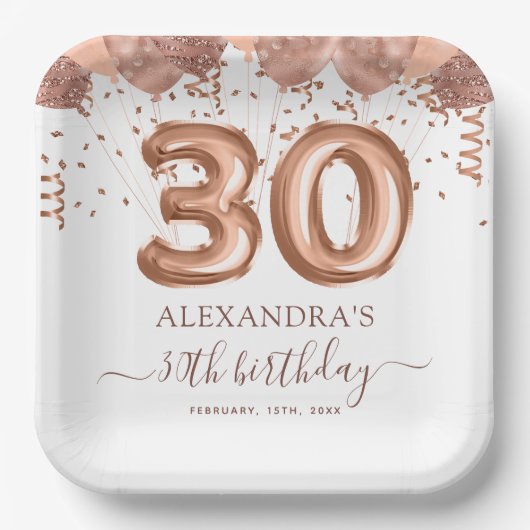 Roos gouden ballonnen 30e verjaardagsfeestje papieren bordje (Voorkant)