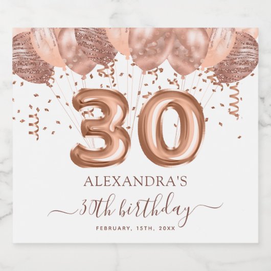 Roos gouden ballonnen 30e verjaardagsfeestje sparkling wijnetiket (Enkel label)