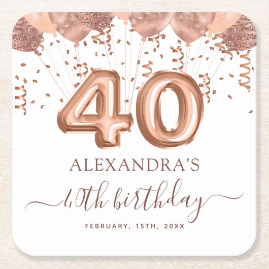 Roos gouden ballonnen 40e verjaardagsfeestje kartonnen onderzetters (Voorkant)