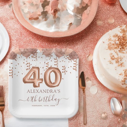 Roos gouden ballonnen 40e verjaardagsfeestje papieren bordje