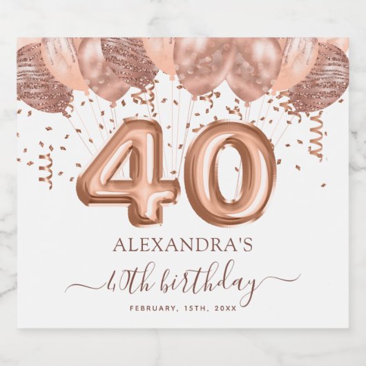 Roos gouden ballonnen 40e verjaardagsfeestje sparkling wijnetiket (Enkel label)