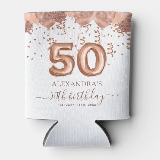 Roos gouden ballonnen 50ste verjaardagsfeestje blikjeskoeler (Voorkant)